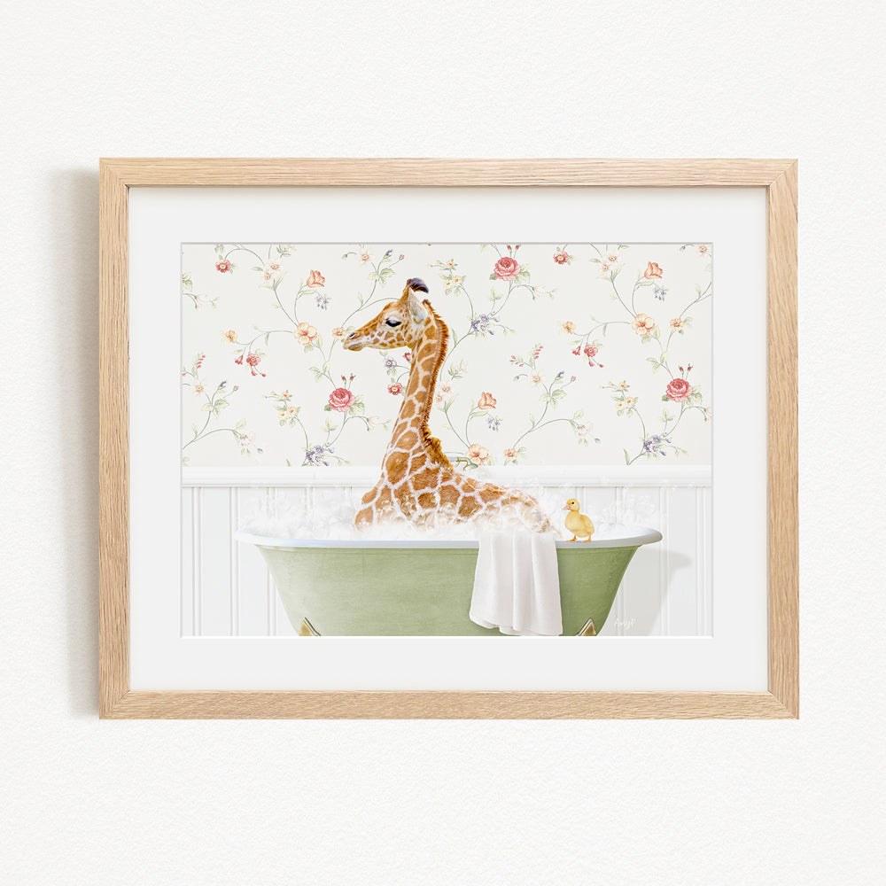 A giraffe sitting in a green bathtub, surrounded by a floral patterned wall and a yellow duck.