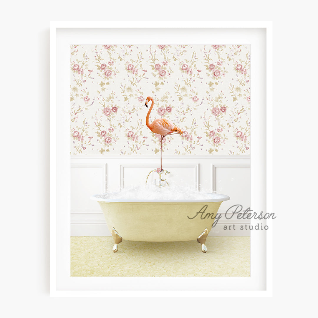 a pink flamingo standing on top of a bathtub