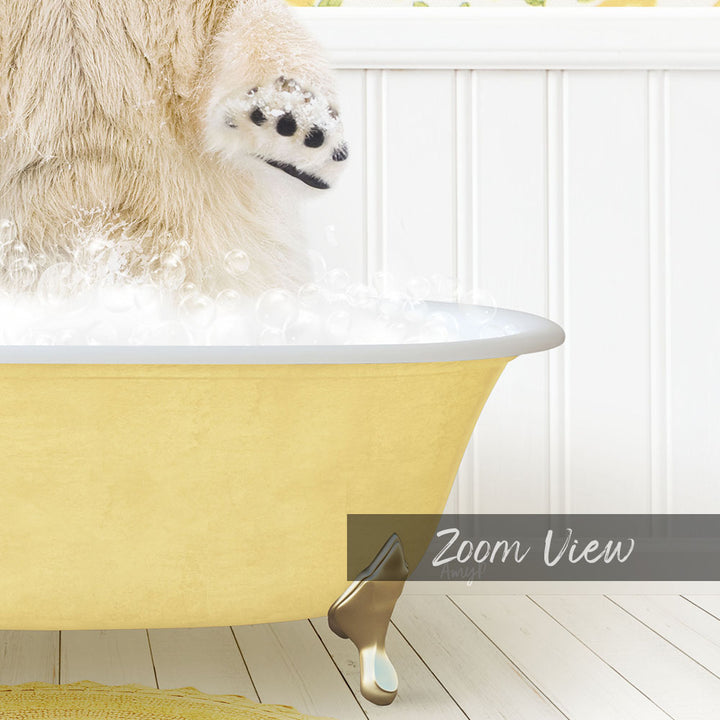 A fluffy white dog is standing in a yellow bathtub filled with bubbles, with its paw raised in the air.