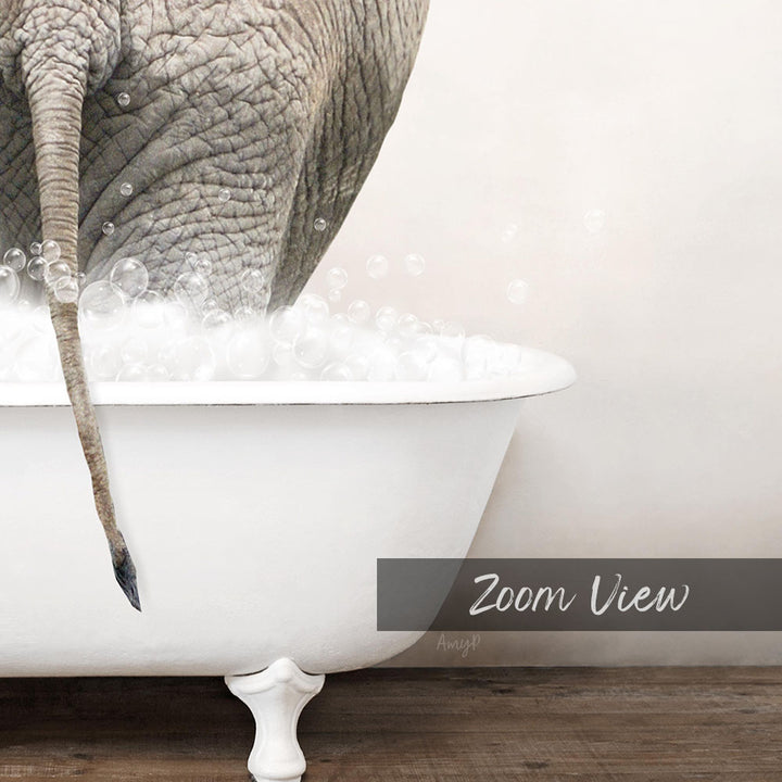 An elephant is standing in a bathtub filled with bubbles, creating a whimsical and playful scene.