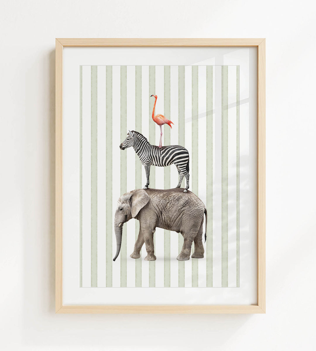 A framed collage of three animal images: a zebra, a flamingo, and an elephant, all standing on their hind legs against a striped background.
