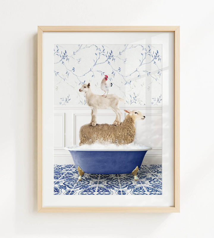 A framed image depicting a sheep standing on a goat's back while both animals are standing on a blue bathtub filled with water.