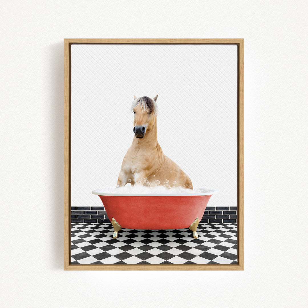 A horse sitting in a red bathtub filled with water, surrounded by a black and white checkered floor.
