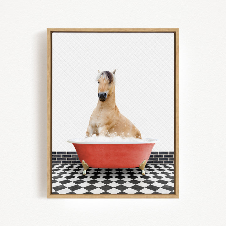 A horse sitting in a red bathtub filled with water, surrounded by a black and white checkered floor.