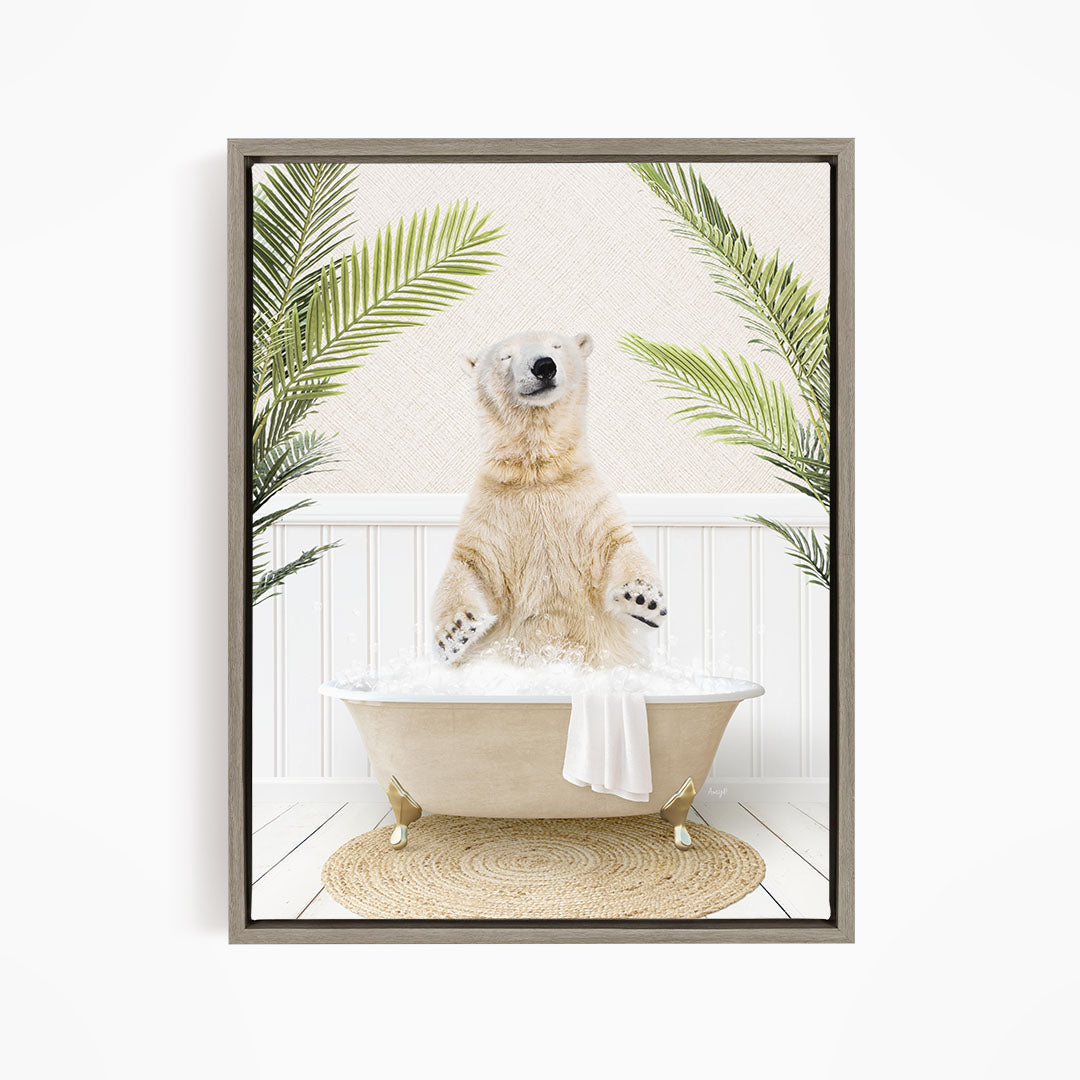 A polar bear sitting in a bathtub filled with water, surrounded by palm leaves, creating a whimsical and playful scene.