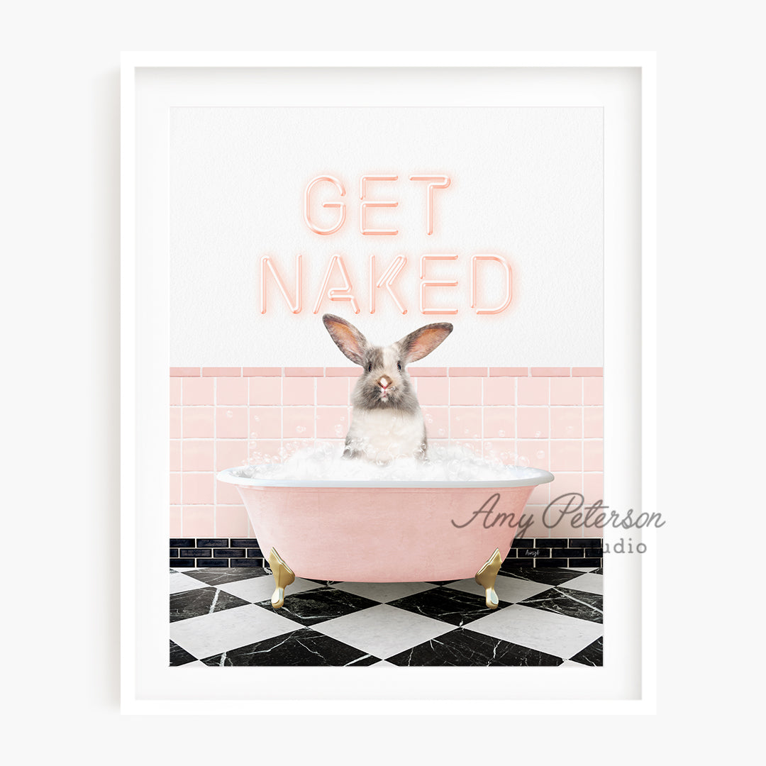 a rabbit sitting in a bathtub with the words get naked above it