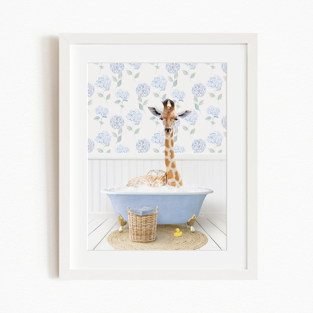 A giraffe is sitting in a blue bathtub filled with bubbles, surrounded by a white bathtub, a basket, and a yellow rubber duck.