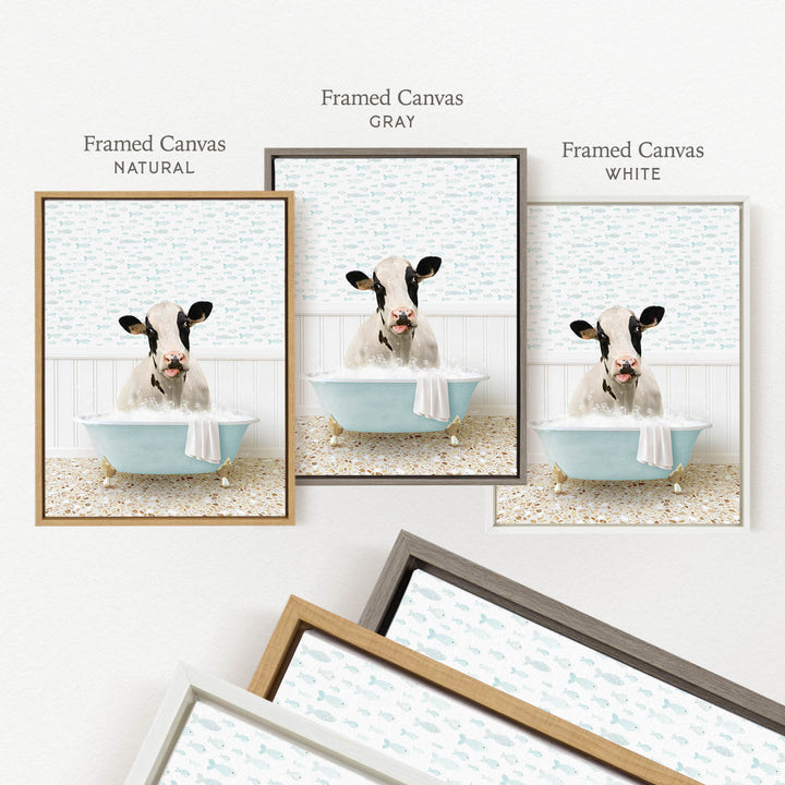 three framed pictures of a cow sitting in a bathtub, each with a different colored frame.