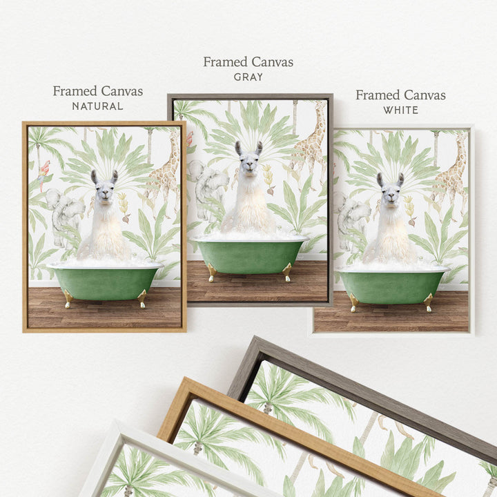 a framed picture of a llama sitting in a green bathtub, surrounded by tropical plants.