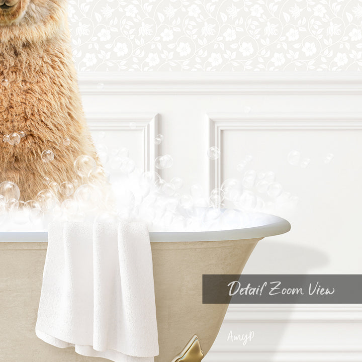 A fluffy brown cat sitting in a bathtub filled with bubbles, with a towel draped over the side.