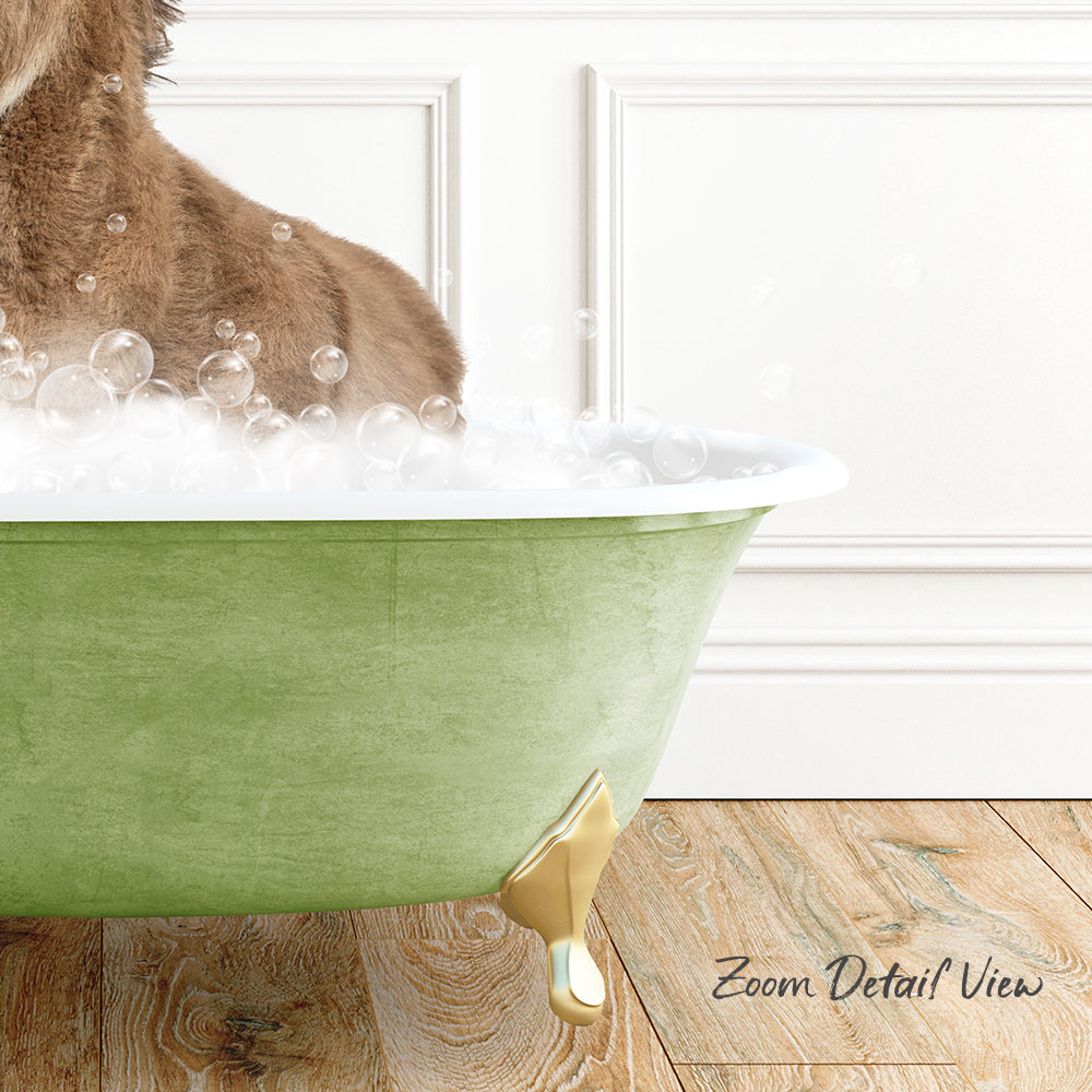 A brown dog is standing in a green bathtub filled with bubbles, with a wooden floor visible in the background.