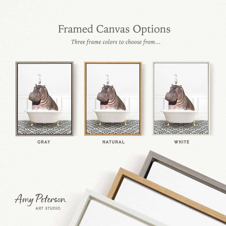 three framed canvas options, each featuring a photograph of a hippopotamus in a bathtub. The options include a gray frame, a natural frame, and a white frame.