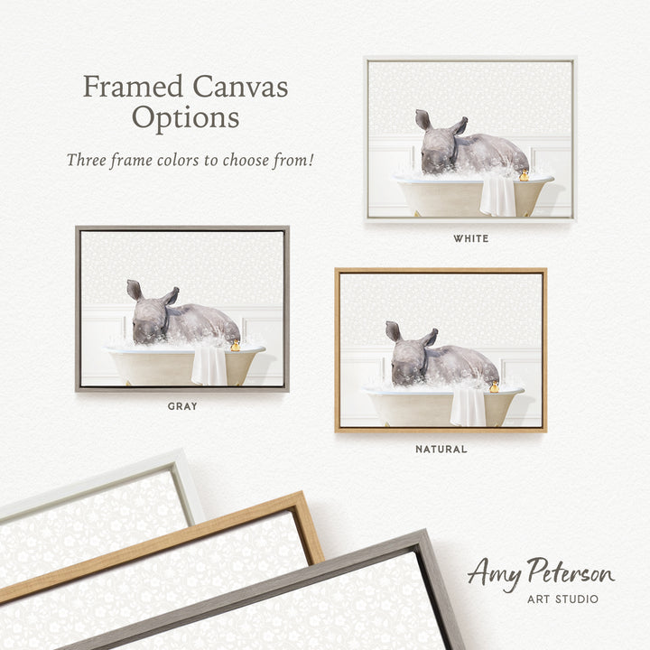 The image is a framed canvas with a watercolor painting of a rabbit sitting in a bathtub. The canvas has three different frame options, including white, gray, and natural.