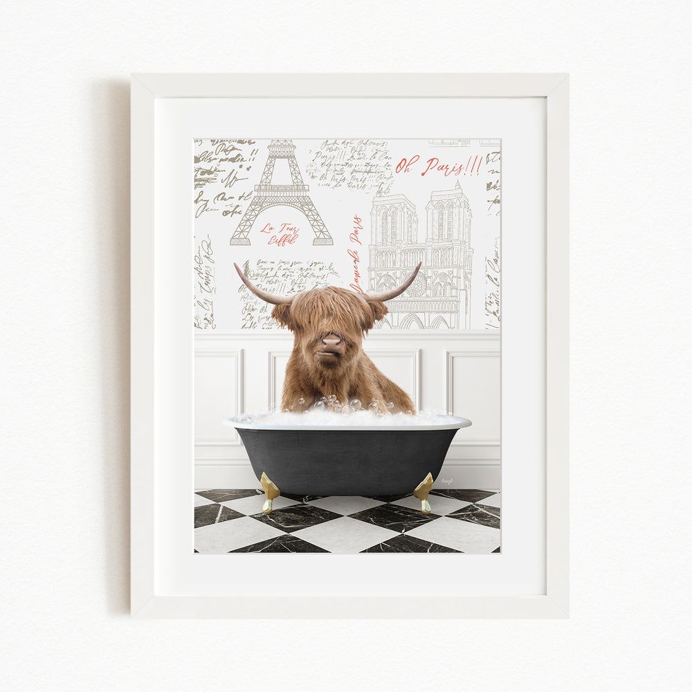 A brown cow with horns is sitting in a bathtub, surrounded by a checkered floor and a framed image of the Eiffel Tower in the background.