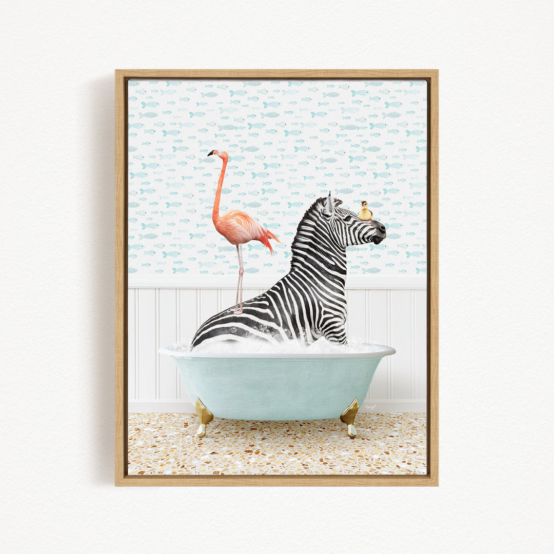 A zebra is sitting in a bathtub filled with water, with a pink flamingo standing on its back legs and resting on the zebra's back.