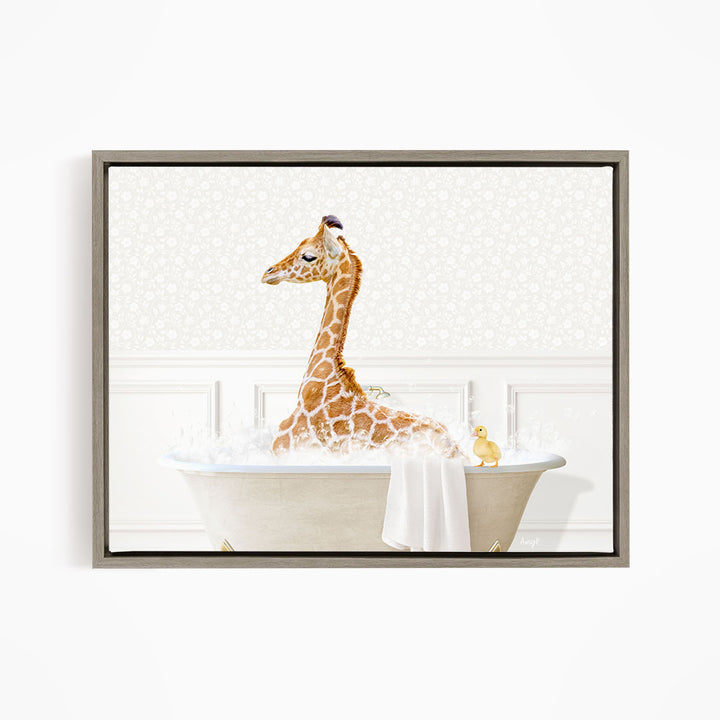 A giraffe sitting in a bathtub filled with water, surrounded by a towel and a small yellow duck.