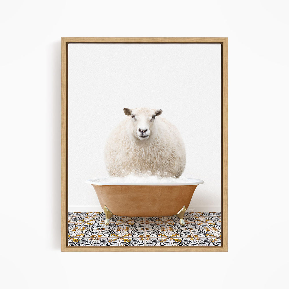 A fluffy white sheep sits in a bathtub filled with bubbles, creating a whimsical and playful scene.