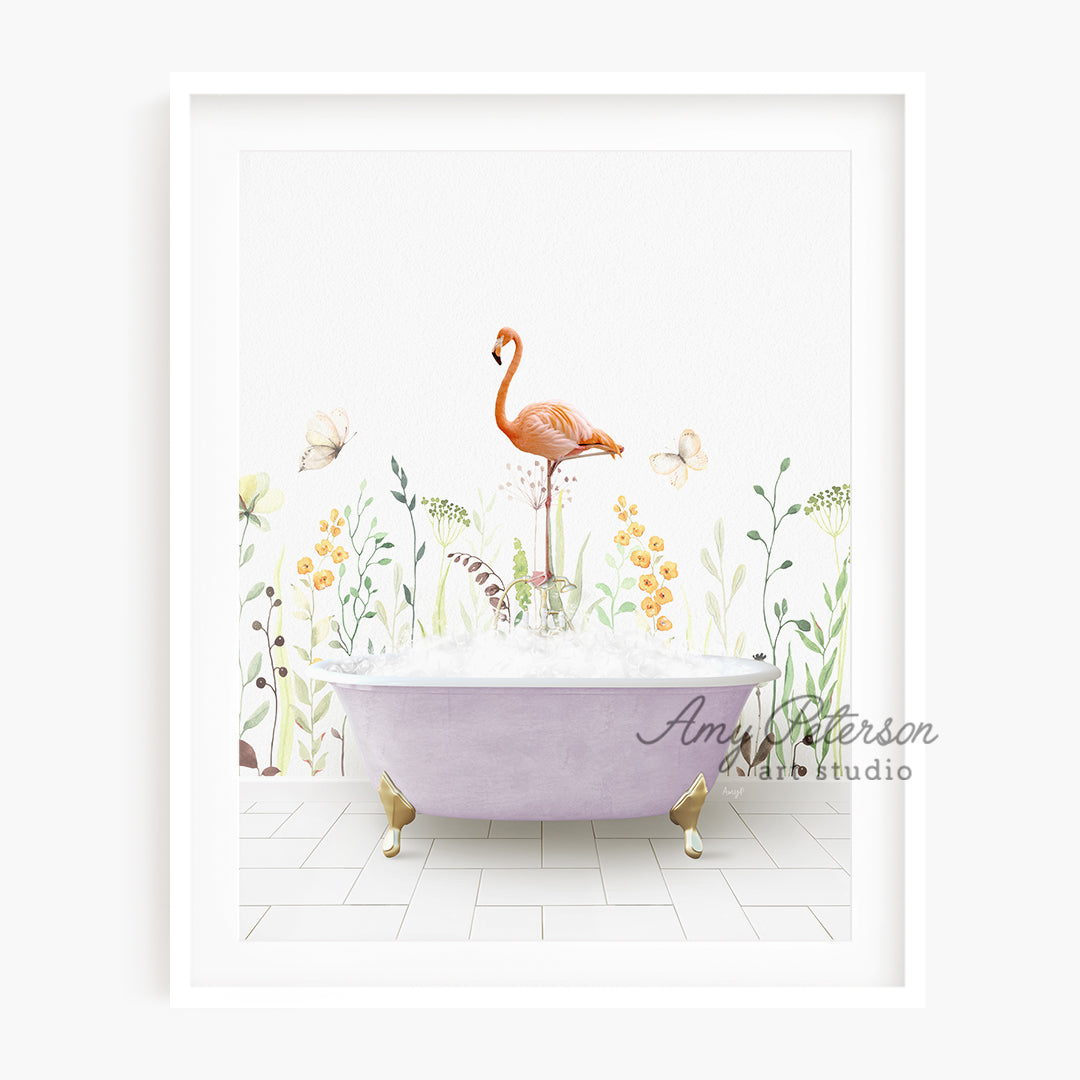 a pink bathtub with a flamingo standing on top of it