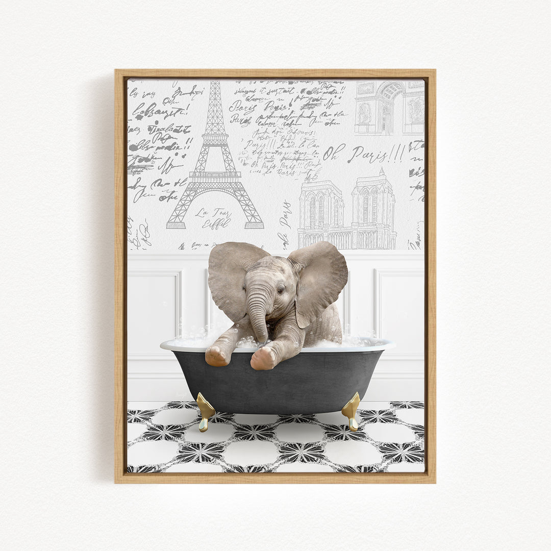 A baby elephant sitting in a bathtub, surrounded by various architectural drawings and text.