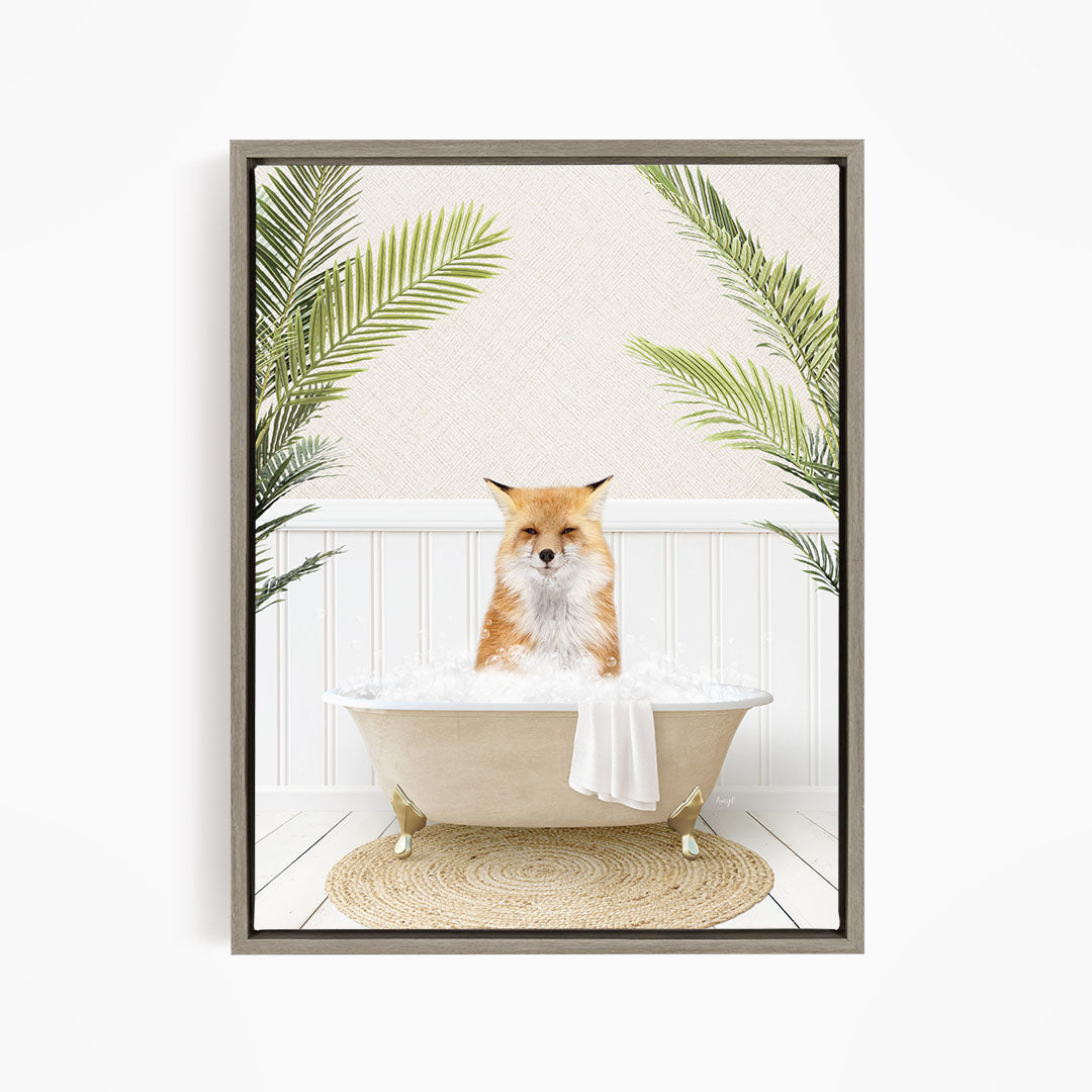 A fox is sitting in a bathtub filled with water, surrounded by green plants.