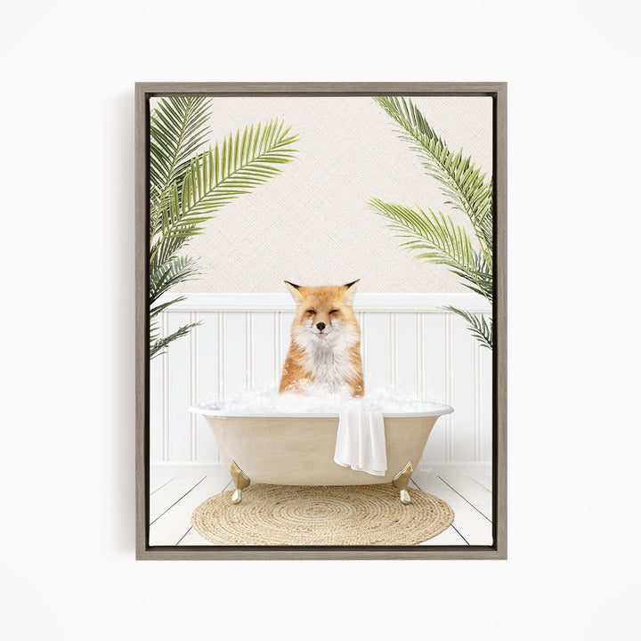 A fox is sitting in a bathtub filled with water, surrounded by green plants.