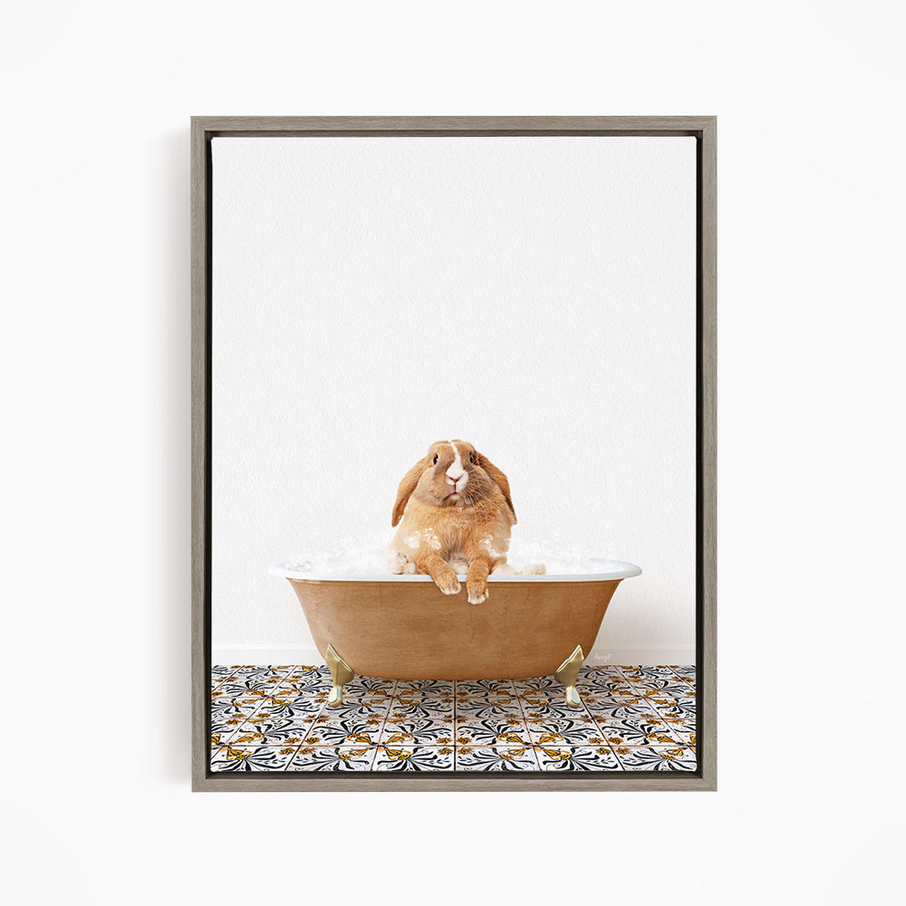 A brown rabbit sitting in a bathtub filled with water, surrounded by a patterned tile floor.