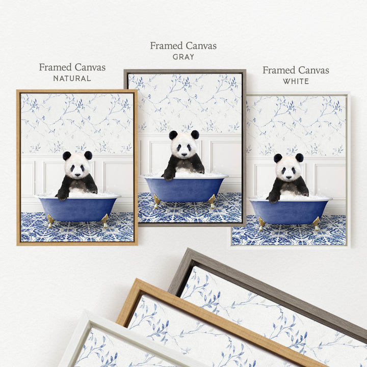 a panda bear sitting in a blue bathtub, surrounded by framed pictures of the same panda bear in various colored frames.