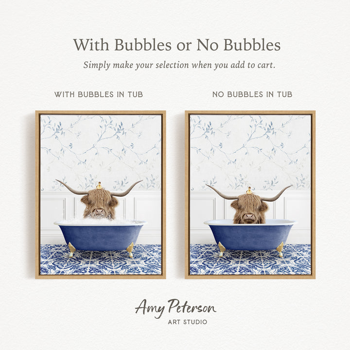 The image is a collage of two framed pictures depicting a bull with horns sitting in a blue tub. The bull has a yellow crown on its head. The text above the collage reads "With Bubbles or No Bubbles Simply make your selection when you add to cart." The text below the collage reads "WITH BUBBLES IN TUB" and "NO BUBBLES IN TUB."