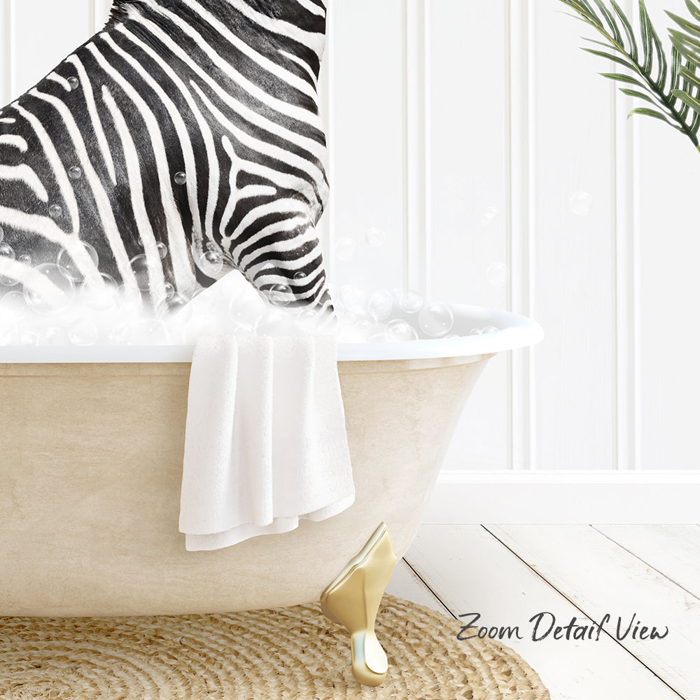 A zebra standing in a bathtub filled with bubbles, with a towel hanging on the side and a plant in the background.