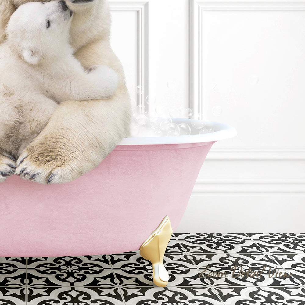 A polar bear is sitting in a pink bathtub, with bubbles rising from the water, creating a playful and whimsical scene.