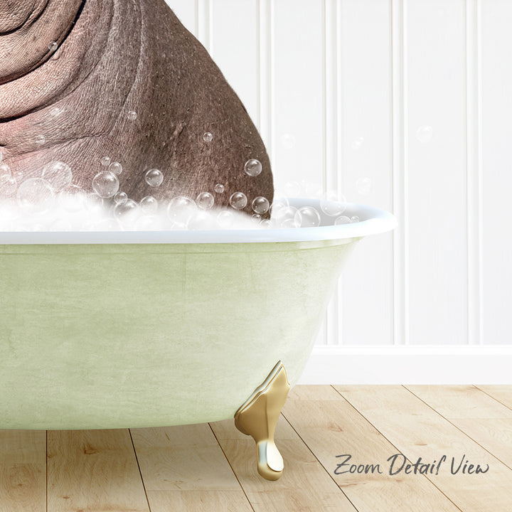 A bathtub filled with bubbles, with a large brown object partially submerged in the water.