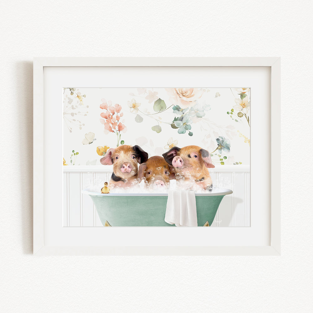 Three adorable pigs sitting in a green bathtub, surrounded by a floral background.