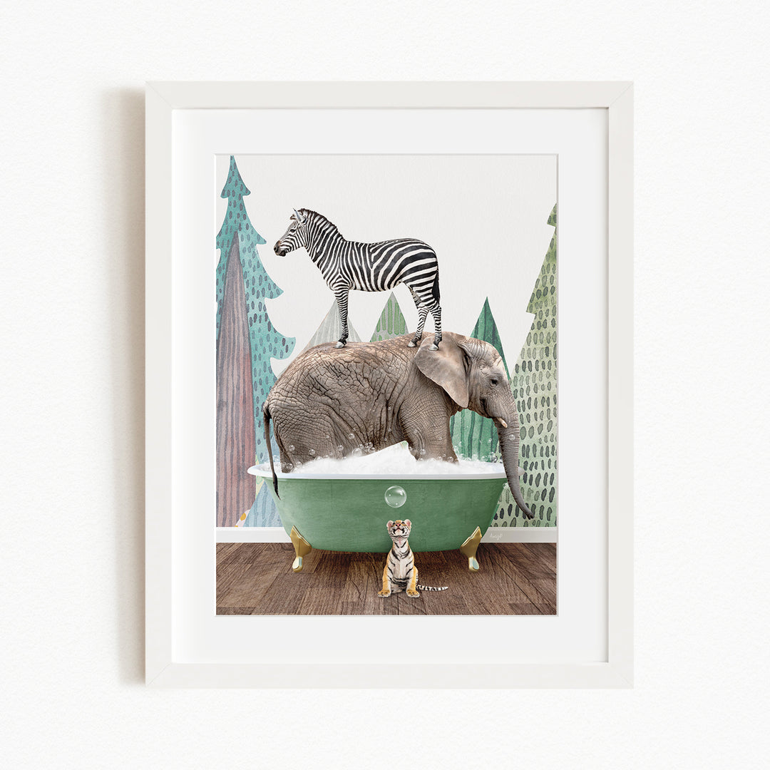 A zebra stands atop an elephant in a green bathtub, with a tiger sitting nearby, in a whimsical and playful scene.