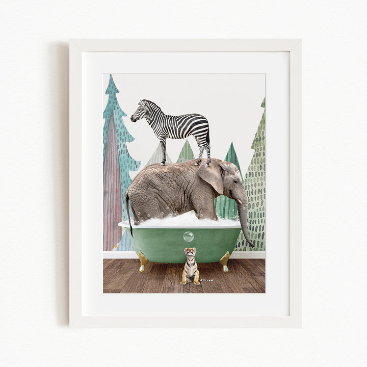 A zebra stands atop an elephant in a green bathtub, with a tiger sitting nearby, in a whimsical and playful scene.