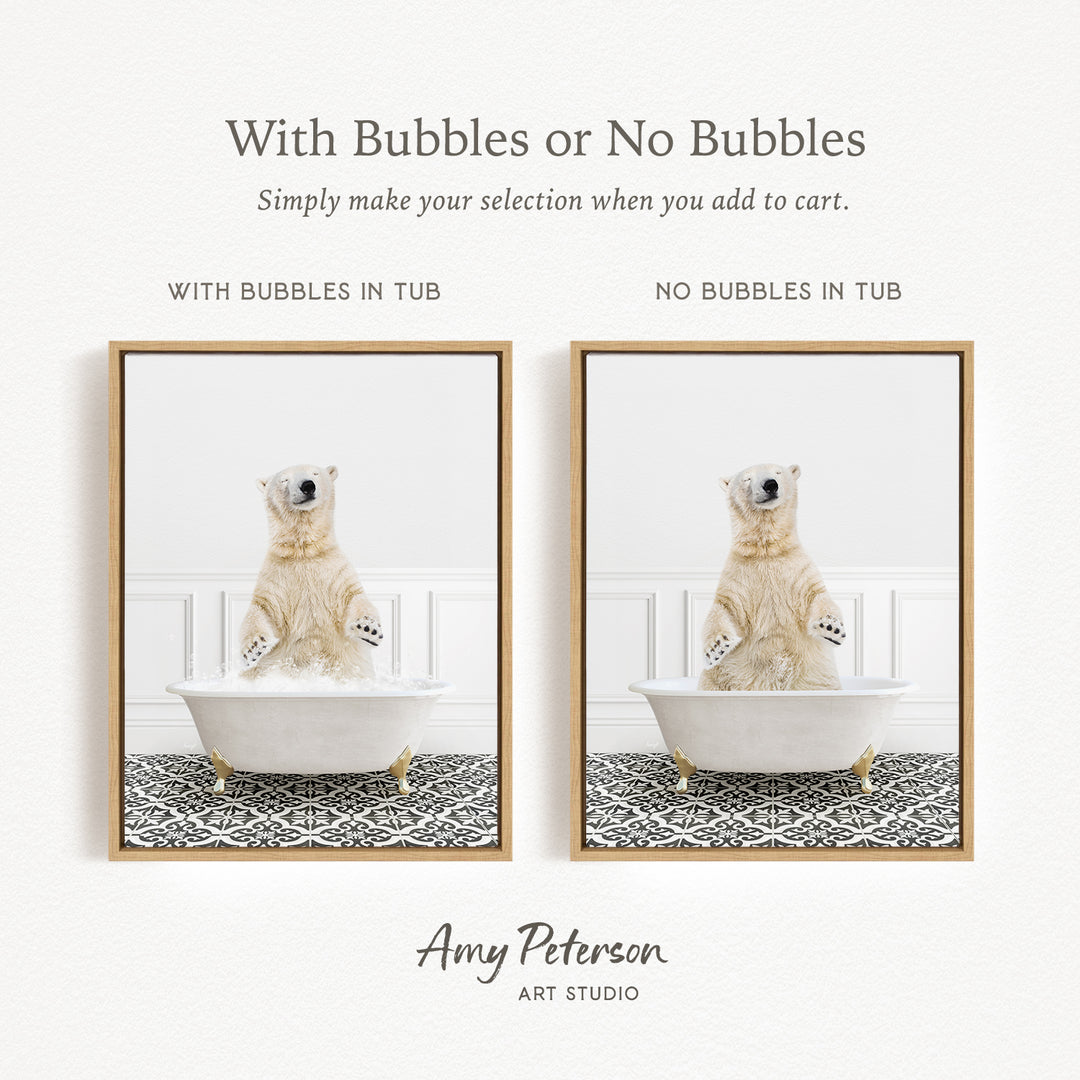 The image is a collage of two pictures featuring a polar bear sitting in a bathtub. The polar bear is sitting on a patterned rug, and there are two different descriptions provided for the images: one with bubbles and one without bubbles.