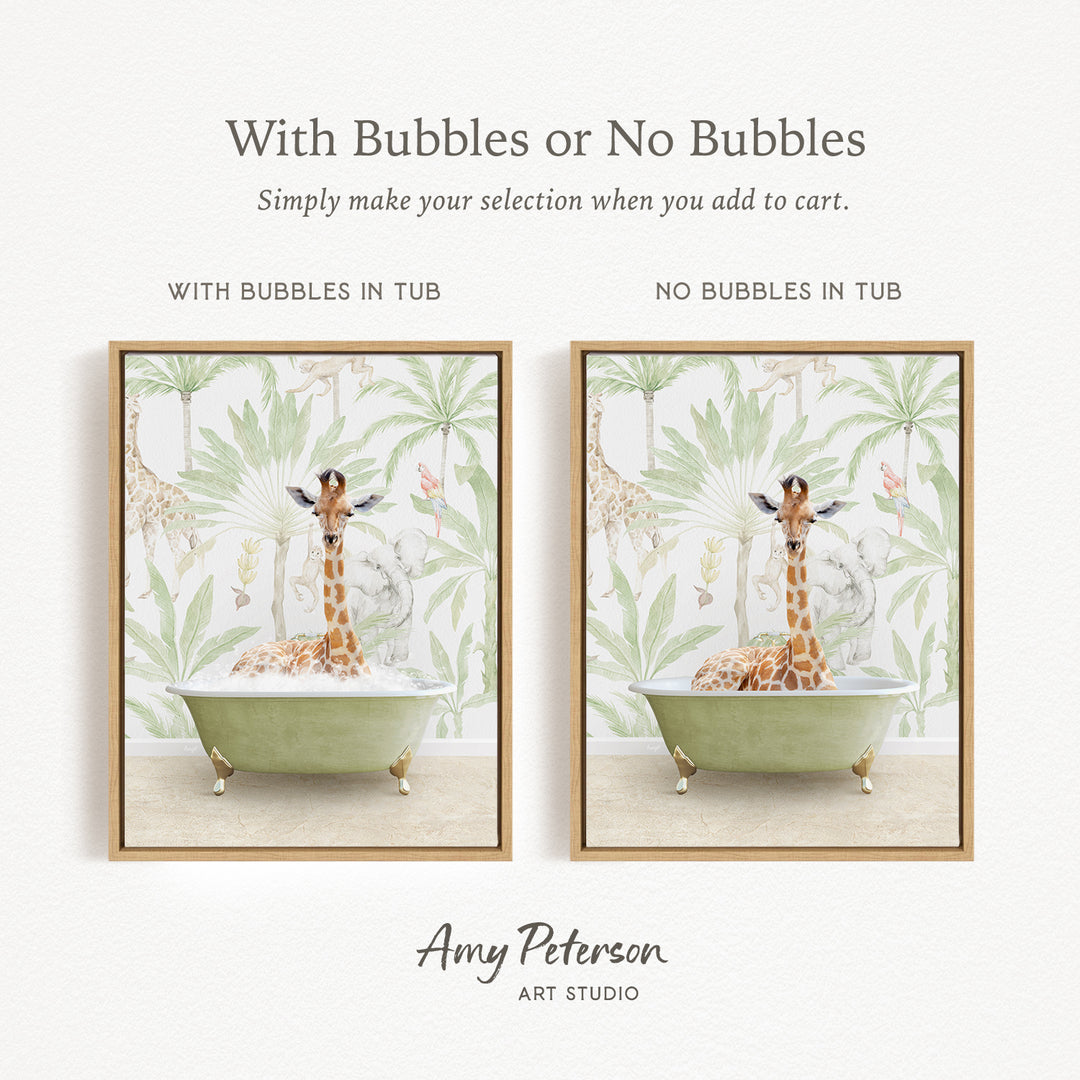 The image is a collage of two framed pictures, each depicting a giraffe in a bathtub. The text above the images reads "With Bubbles or No Bubbles" and below the images, it says "Simply make your selection when you add to cart."