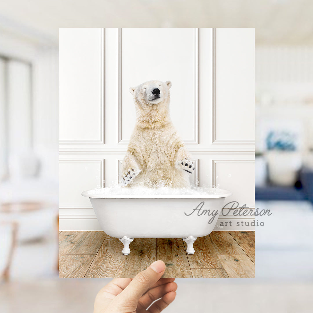 a polar bear sitting in a bath tub