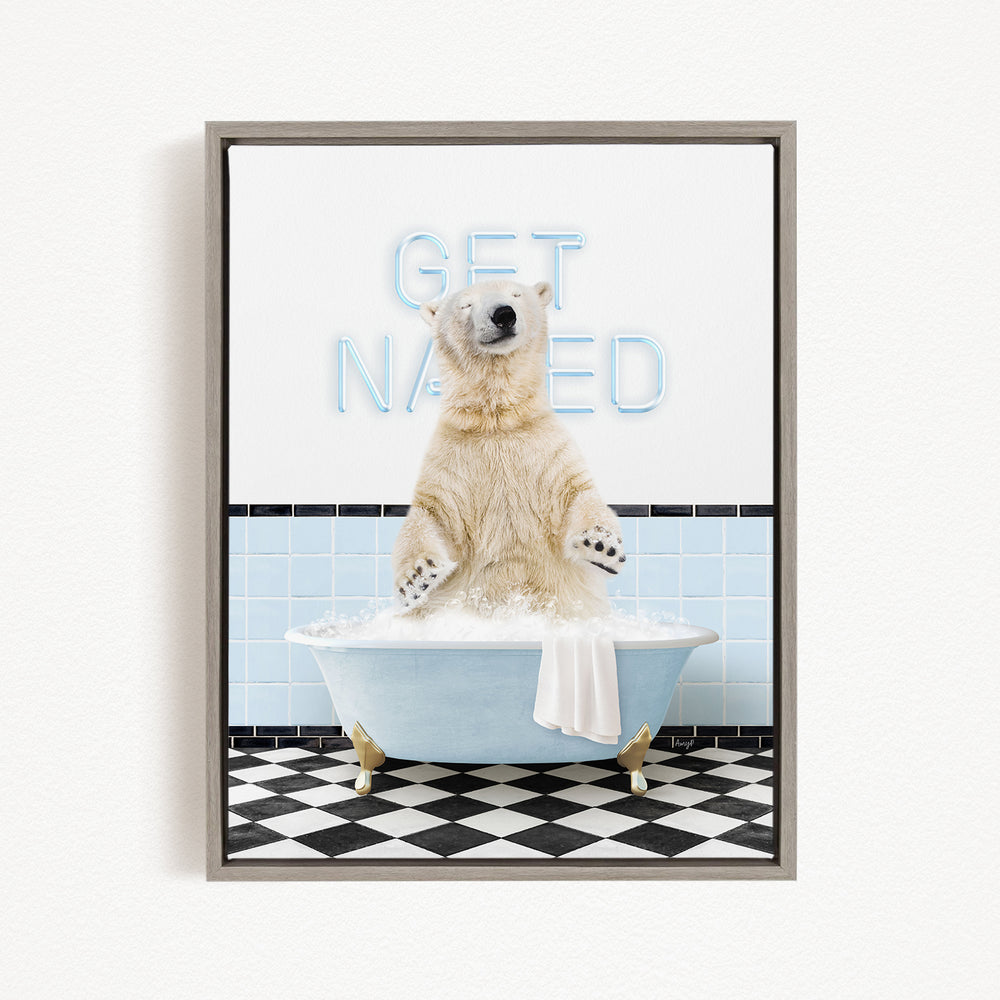 A polar bear sitting in a bathtub with a towel draped over its back, surrounded by a checkered floor and a sign that says "GET NAKED".