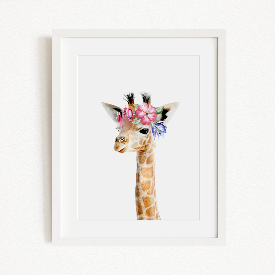 A giraffe wearing a flower crown is the central focus of the image.