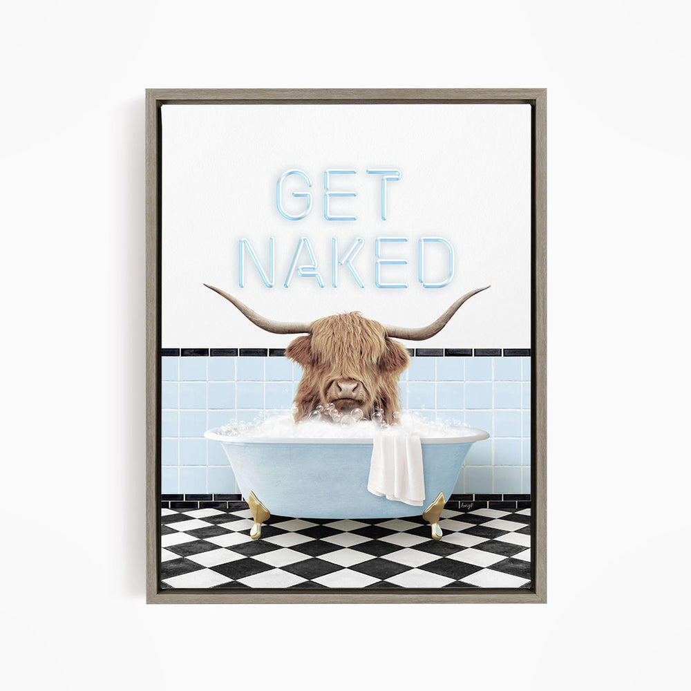 a horned animal, possibly a yak or a bull, sitting in a bathtub filled with bubbles, with the text "GET NAKED" displayed above it.