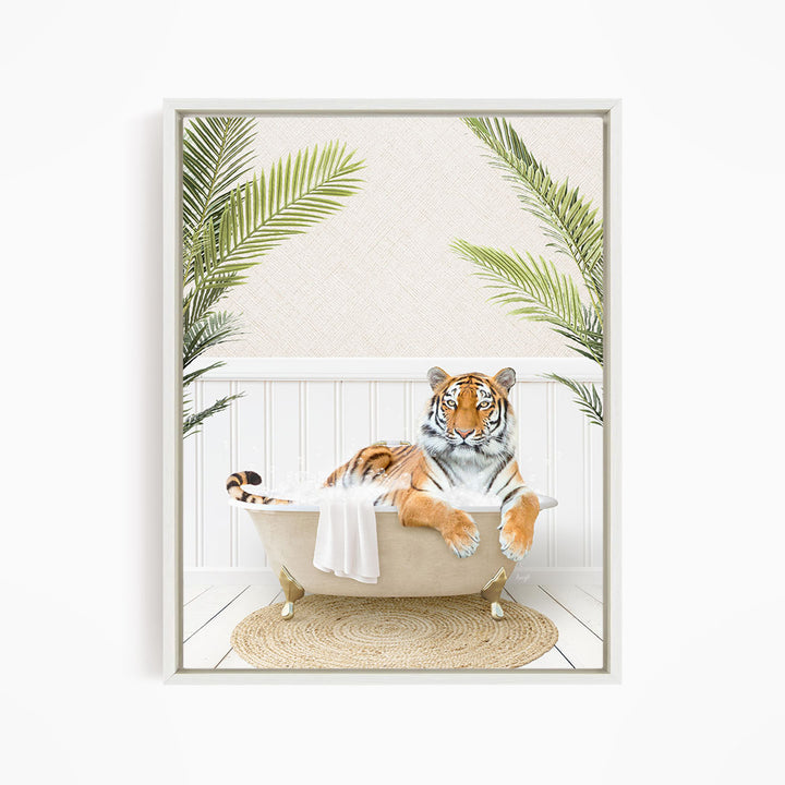 A tiger is sitting in a bathtub filled with water, surrounded by palm leaves, creating a whimsical and relaxing scene.