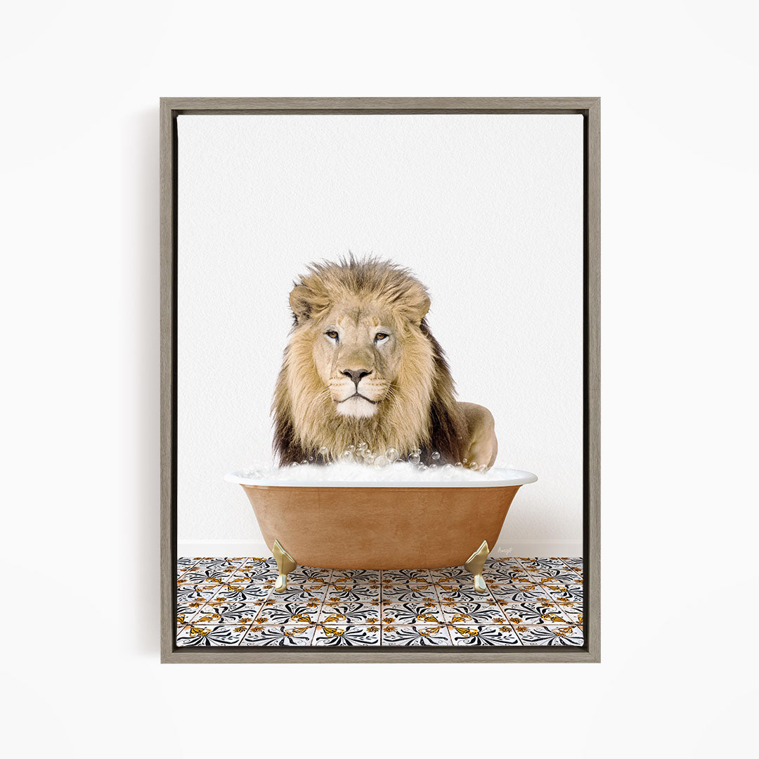 A lion sitting in a bathtub filled with water, surrounded by a patterned tile floor.