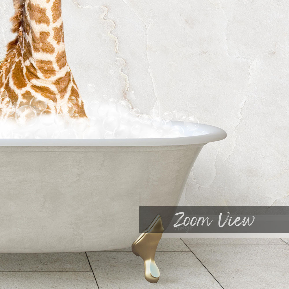 A giraffe standing in a bathtub filled with bubbles, with the text "Zoom View" below the image.