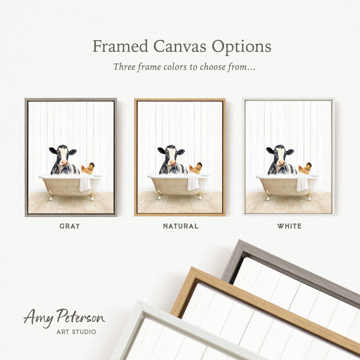 The image is a framed canvas option showcasing three different color options for a painting of a cow in a bathtub, with a chicken nearby.