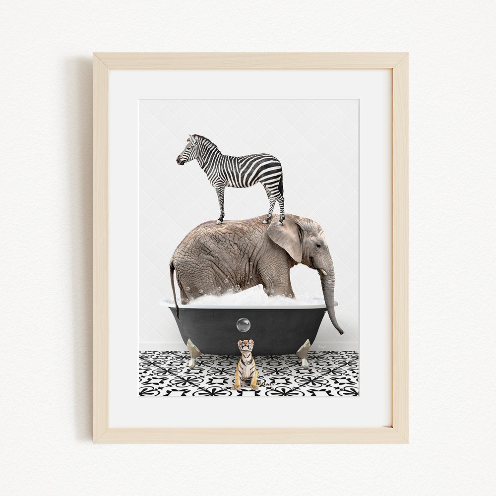 A zebra stands on top of an elephant in a bathtub, with a tiger sitting nearby, creating a whimsical and surreal scene.