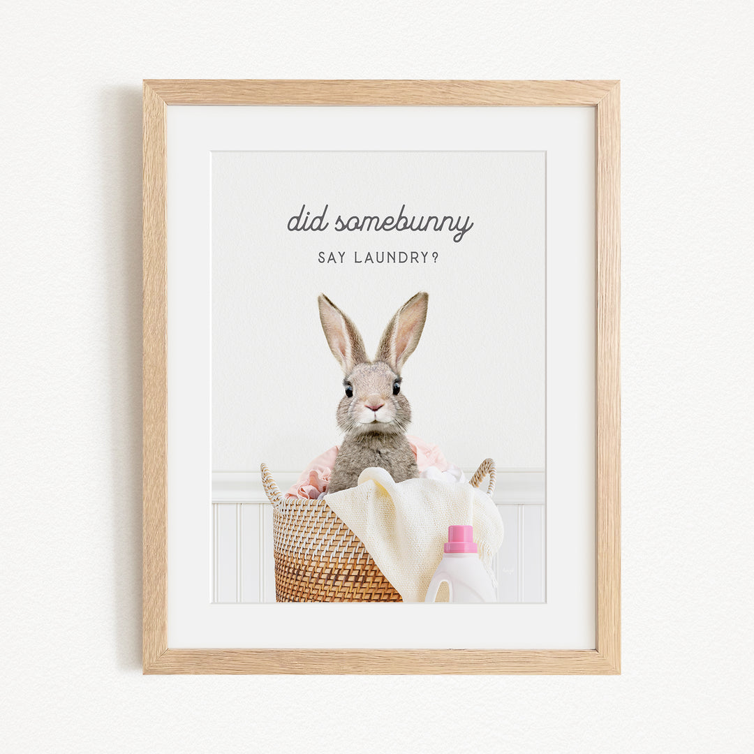 A framed image of a rabbit sitting in a laundry basket, with the text "Did some bunny Say Laundry?" displayed above the rabbit.