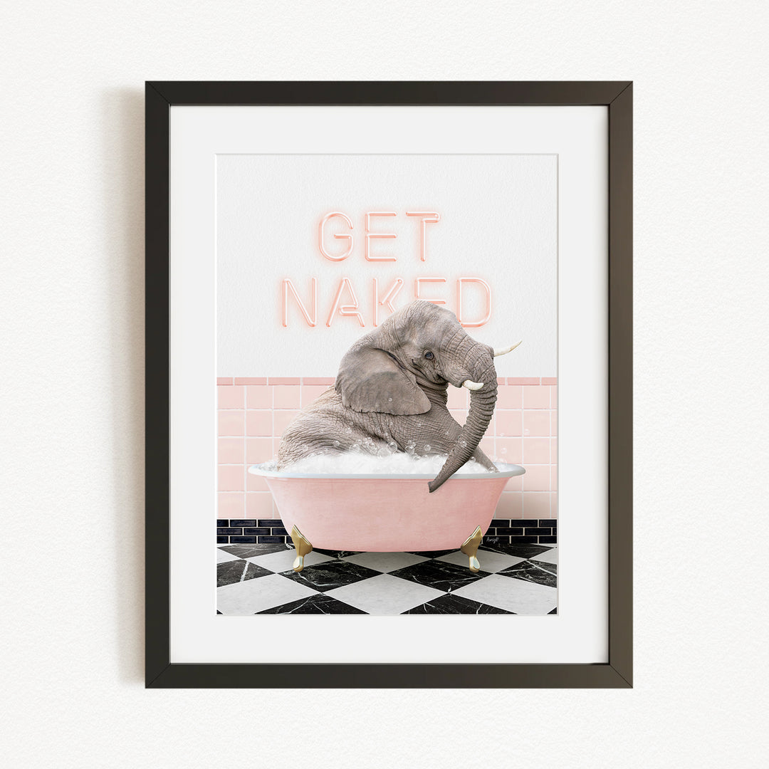 A gray elephant sitting in a pink bathtub with the text "GET NAKED" written on the wall behind it.