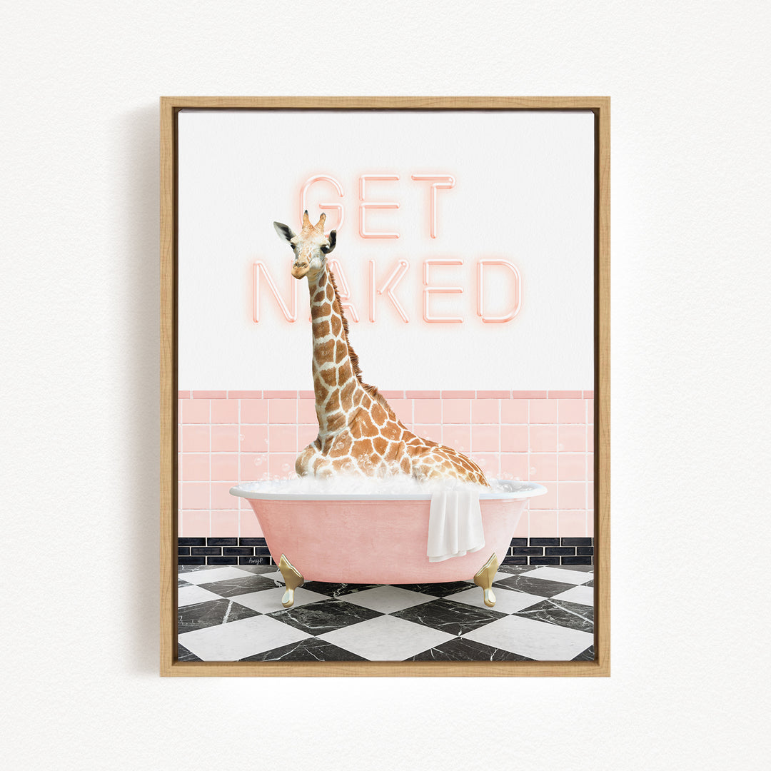 A giraffe sitting in a pink bathtub with the text "GET NAKED" displayed above it.