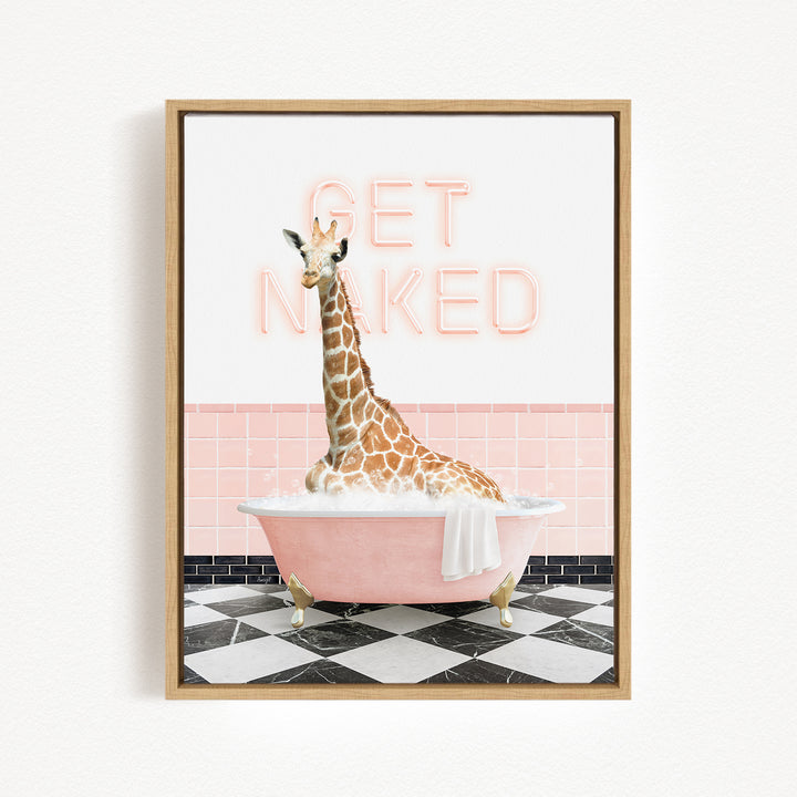 A giraffe sitting in a pink bathtub with the text "GET NAKED" displayed above it.