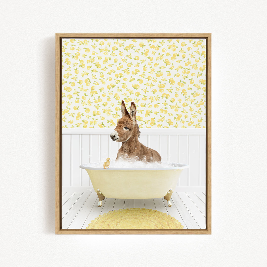 A donkey is sitting in a bathtub filled with water, surrounded by yellow flowers on the wall behind it.